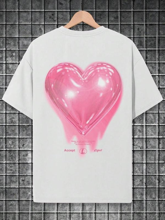 Women's Heart Print Round Neck Tee, Trendy Casual Short Sleeve T-shirt for Daily Wear, Ladies Outfit