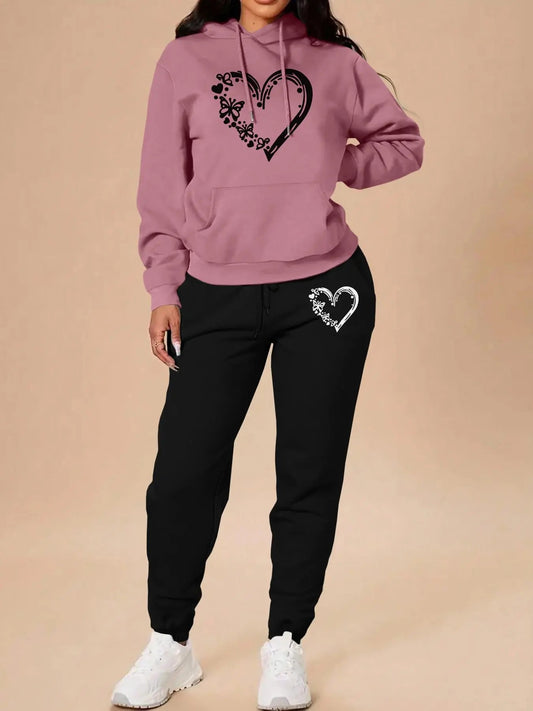 Women's Heart Print Sweatshirt & Pants Two-piece Set, Casual Long Sleeve Pullover & Jogger Pants for Fall & Winter, Women's Clothes for Daily Wear