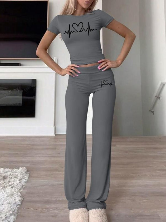 Women's Heart Print Tee & Pants Two-piece Set, Casual Round Neck Short Sleeve T-shirt & Trousers for Daily Wear, Ladies Fall Clothes