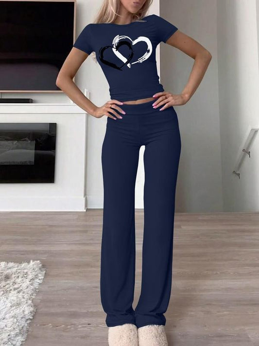 Women's Heart Print Tee & Pants Two-piece Set, Casual Round Neck Short Sleeve T-shirt & Trousers for Daily Wear, Ladies Fall Clothesstyle{n002}2