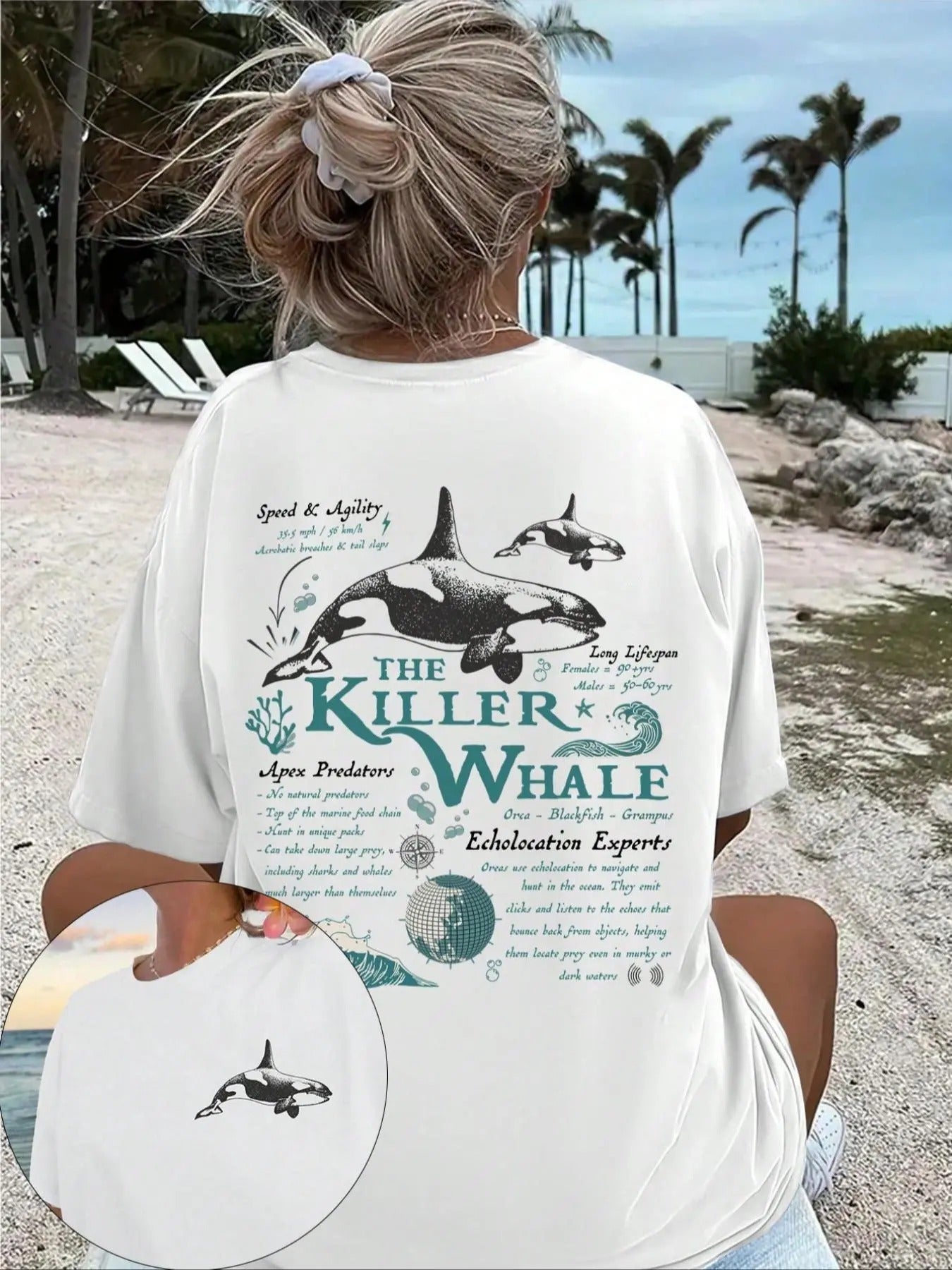 Women's Killer Whale Letter Print Round Neck Graphic Tee, Vintage Trendy Casual Drop Shoulder Half Sleeve T-shirt for Daily Wear, Ladies Summer Outfit