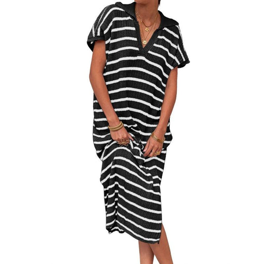 Women's Knit Midi Dress Short Sleeve Lapel Collar Striped Print Long Dress Going Out Dress Casual Womenswear