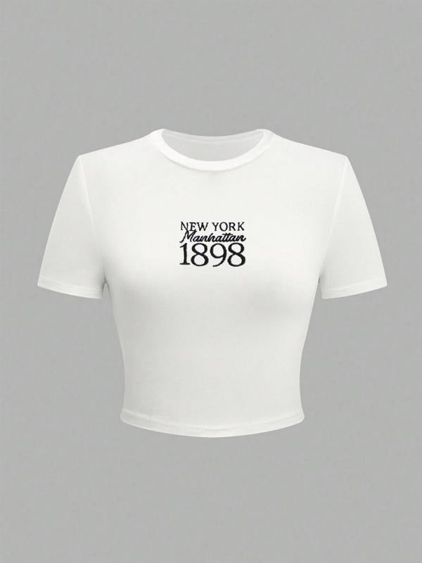 Women's Letter & "1898" Print Round Neck Crop Tee, Fashion Casual Short Sleeve T-shirt for Daily Wear, Ladies Summer Clothes