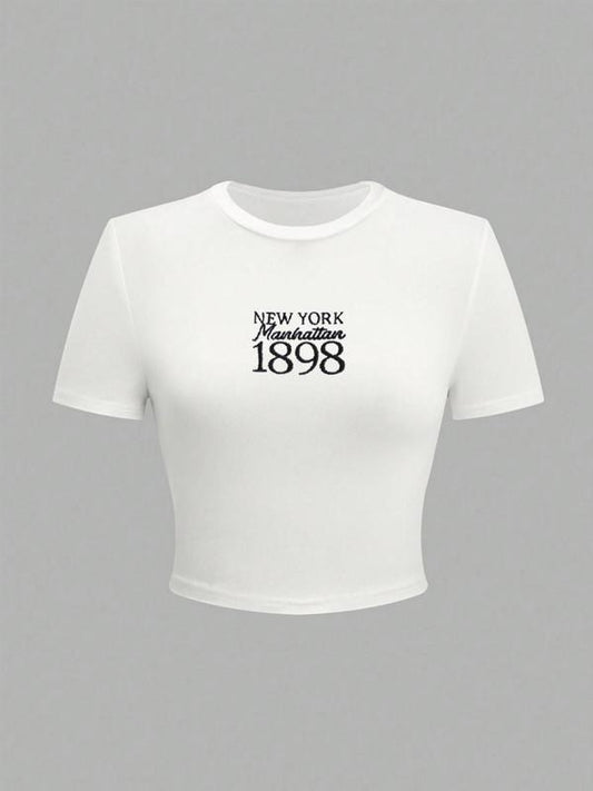 Women's Letter & "1898" Print Round Neck Crop Tee, Fashion Casual Short Sleeve T-shirt for Daily Wear, Ladies Summer Clothes
