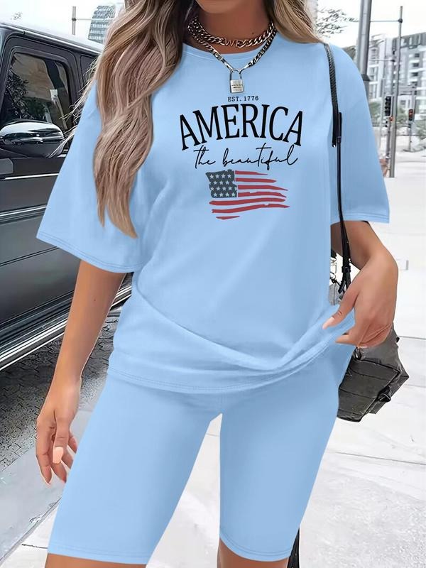 Women's Letter & American Flag Print   Tee &   Shorts  Set, Casual Round Neck T-shirt & Shorts for Daily Wear, Ladies Clothes for All Seasons