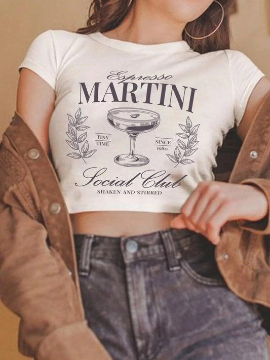 Women's Letter & Cocktail Print Round Neck Crop Tee, Casual Short Sleeve Crew Neck T-shirt for Summer, Fashion Women's Top for Daily Wear
