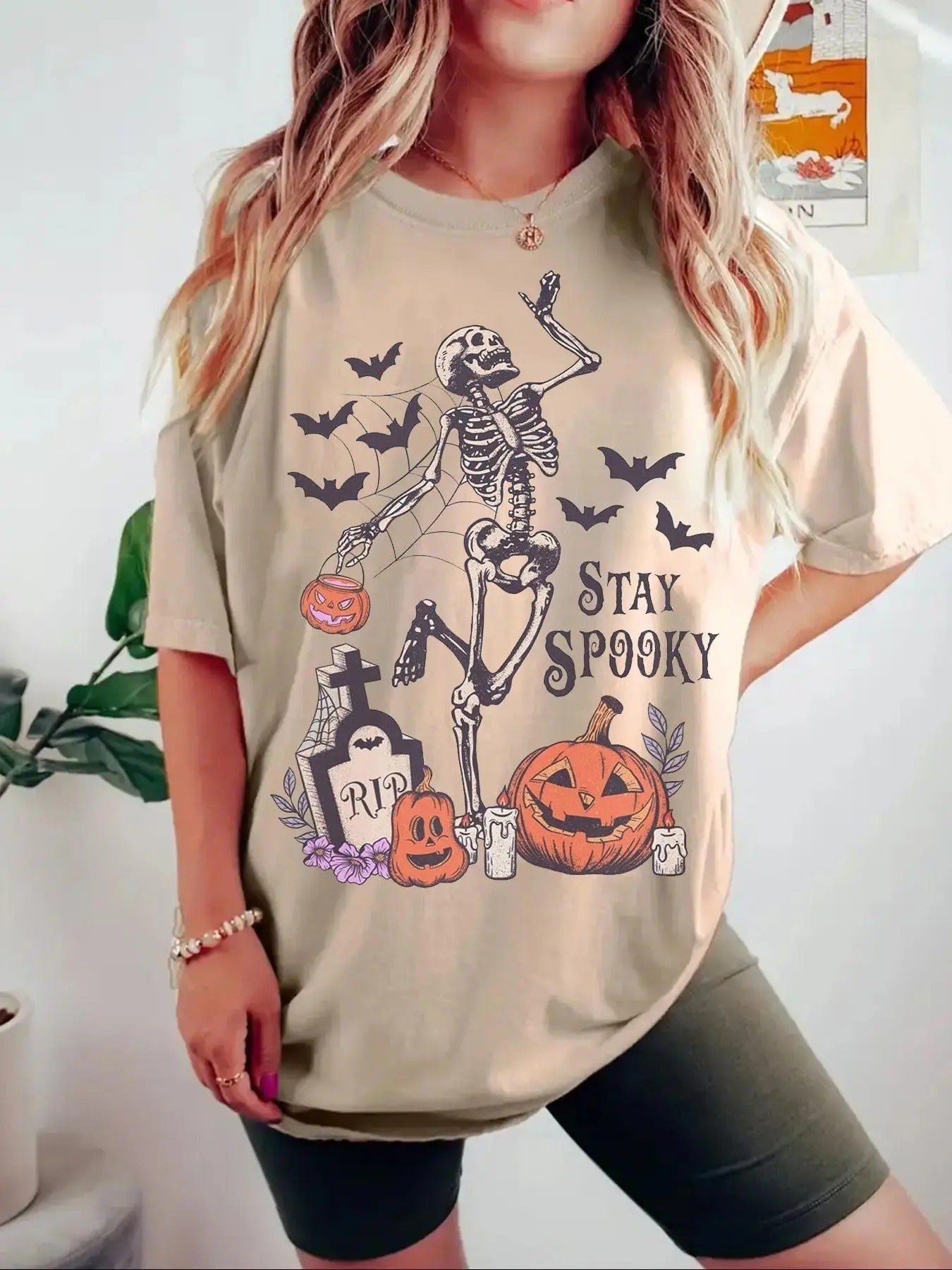 Women's Letter & Halloween Graphic Print Drop Shoulder Tee, Casual Half Sleeve Round Neck T-shirt for Summer, Women's Top for Daily Wear