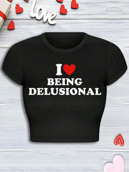 Women's Letter & Heart Print Round Neck Crop Tee, Fashion Casual Short Sleeve T-shirt for Daily Wear, Ladies Summer Clothes