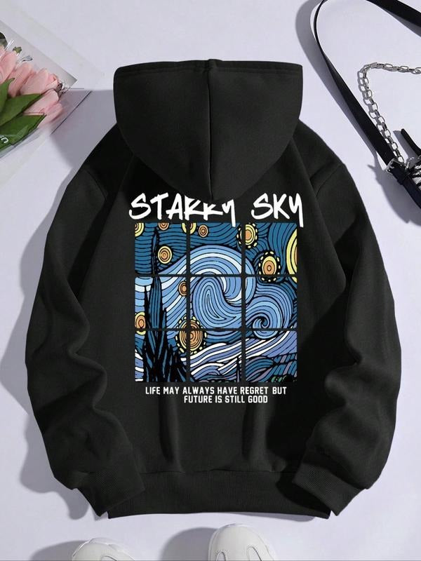 Women's Letter & Wave Print Drop Shoulder Graphic Hoodie, Drawstring Pocket Hooded Sweatshirt for Daily, for Spring & Fall, Comfort Long Sleeve Pullover Tops for Lady
