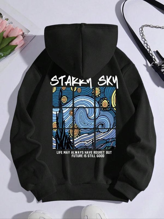 Women's Letter & Wave Print Drop Shoulder Graphic Hoodie, Drawstring Pocket Hooded Sweatshirt for Daily, for Spring & Fall, Comfort Long Sleeve Pullover Tops for Lady