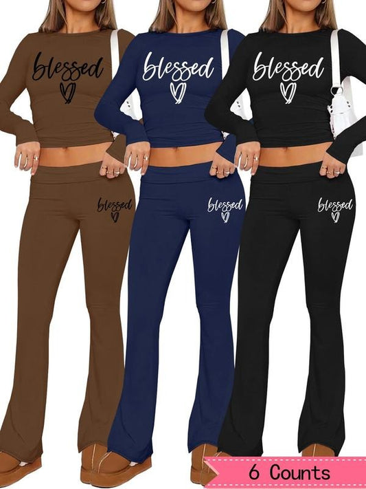 Women's Letter Print Crop Top & Flare Leg Pants Set, Casual Long Sleeve Top & Bell Bottom Trousers for Spring & Fall, Women's Clothes for Daily Wear