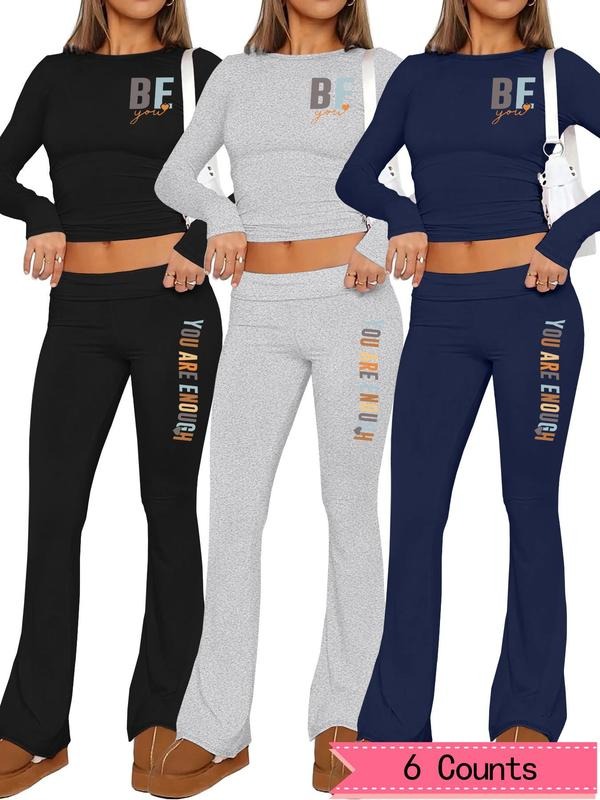 Women's Letter Print Crop Top & Flare Leg Pants Set, Casual Long Sleeve Top & Bell Bottom Trousers for Spring & Fall, Women's Clothes for Daily Wearstyle{n002}2