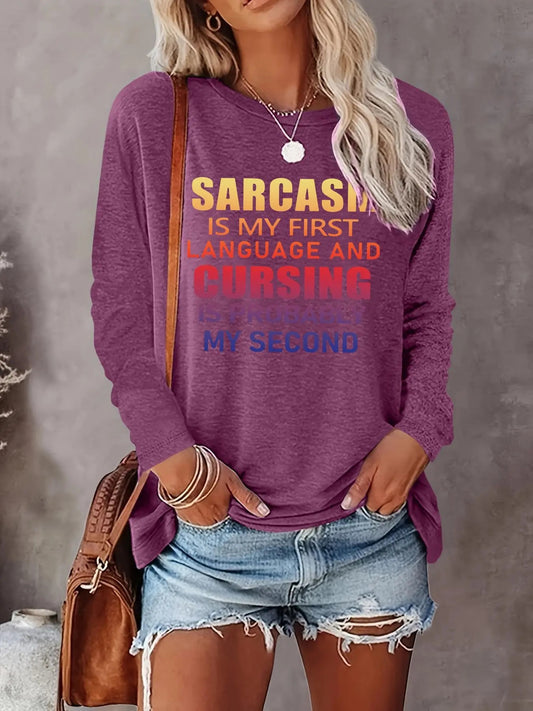 Women's Letter Print Drop Shoulder Tee, Casual Long Sleeve Round Neck T-shirt for Fall & Winter, Ladies Clothes for Daily Wearstyle{n002}2