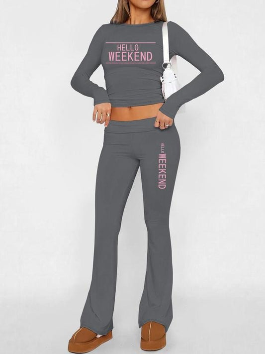 Women's Letter Print Long Sleeve Crop Top & Flare Leg Pants Set, Casual Fashion Cozy Two-piece Outfits for Daily Outdoor Wear, Women Clothes for Fall & Winter