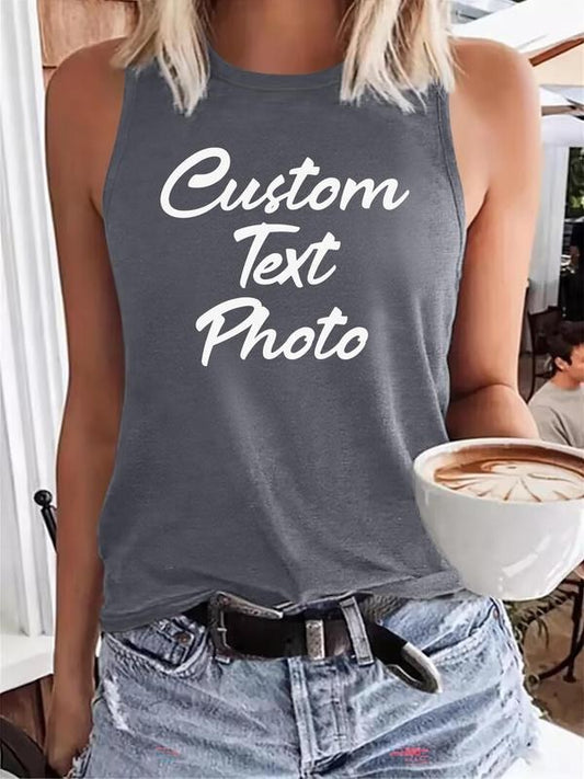 Women's Letter Print Round Neck Tank Top, Casual Sleeveless Crew Neck Top for Summer, Ladies Clothes for Daily Wear, Socks