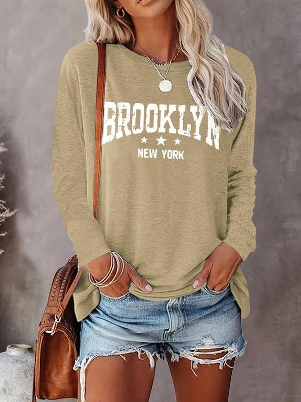 Women's Letter Print Round Neck Tee, Casual Long Sleeve Crew Neck T-shirt for Spring & Fall, Fashion Women's Top for Daily Wear