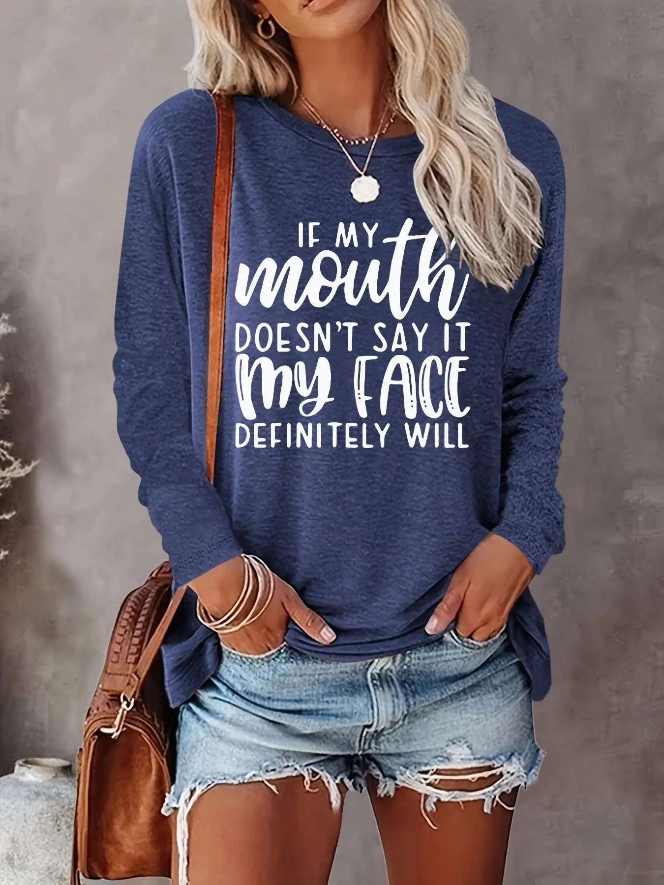 Women's Letter Print Round Neck Tee, Casual Long Sleeve Crew Neck Tops for Fall & Winter, Women's Clothes for Daily Wear