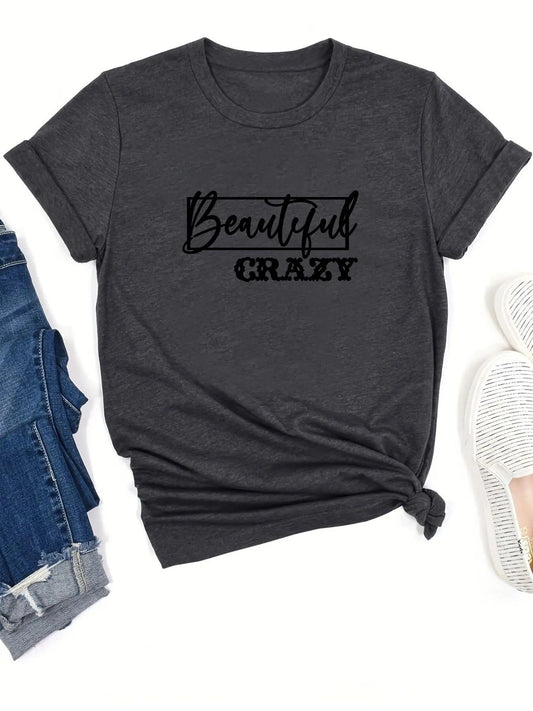 Women's Letter Print Short Sleeve T-Shirt, Summer Clothes Women, Casual Round Neck Graphic Tee for Summer, Women's Top for Daily Wear, Versatile Street Style Womenswear