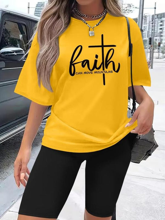 Women's Letter Print Short Sleeve Tee & Skinny Shorts Two-piece Set, Casual Round Neck T-shirt & Short Shorts, Ladies Clothes for All Seasons