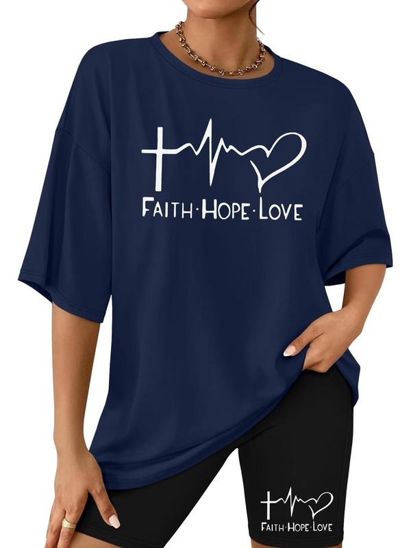 Women's Letter and Heart Print Tee & Shorts Set, Casual Half  Sleeve T-shirt & Skinny Shorts, Ladies Clothes for Daily Wear