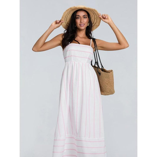Women's Long Beach Dress Sleeveless Spaghetti Strap Stripes Print Flowy Dress Midi Slip Dress Casual Elegant Womenswear Check Underwear Lady