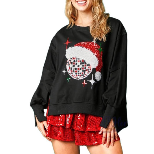 Women's Long Sleeve Sweatshirt Christmas Hat Ball Print Side Slit Drop Shoulders Casual Pullover Tops