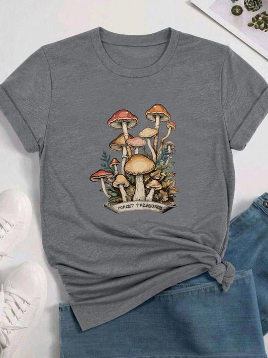 Women's Mushroom Print Round Neck Tee, Casual Short Sleeve Crew Neck T-shirt for Daily Wear, Ladies Clothes for All Seasons, Top
