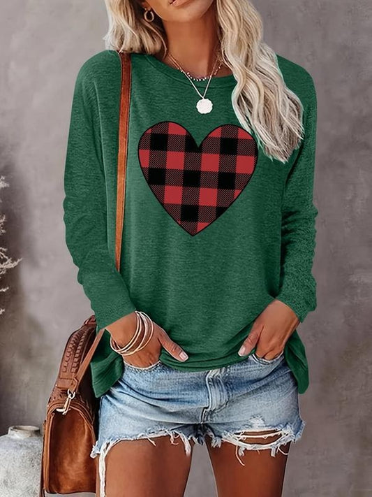 Women's Plaid Heart Print Round Neck T-shirt, Casual Long Sleeve Crew Neck Tee for Fall & Winter, Women's Clothes for Daily Wear