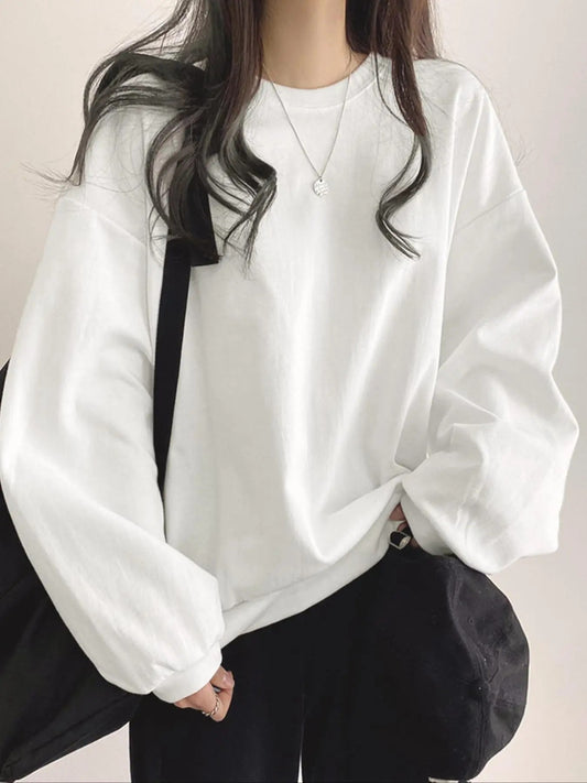 Women's Plain Drop Shoulder Long Sleeve Sweatshirt, Casual Round Neck Pullover for Fall & Winter, Women's Clothes for Daily Wear