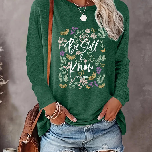 Women's Plants & Letter Print Round Neck Tee, Casual Long Sleeve Crew Neck Top for Fall & Winter, Women's Clothing for Daily Wear