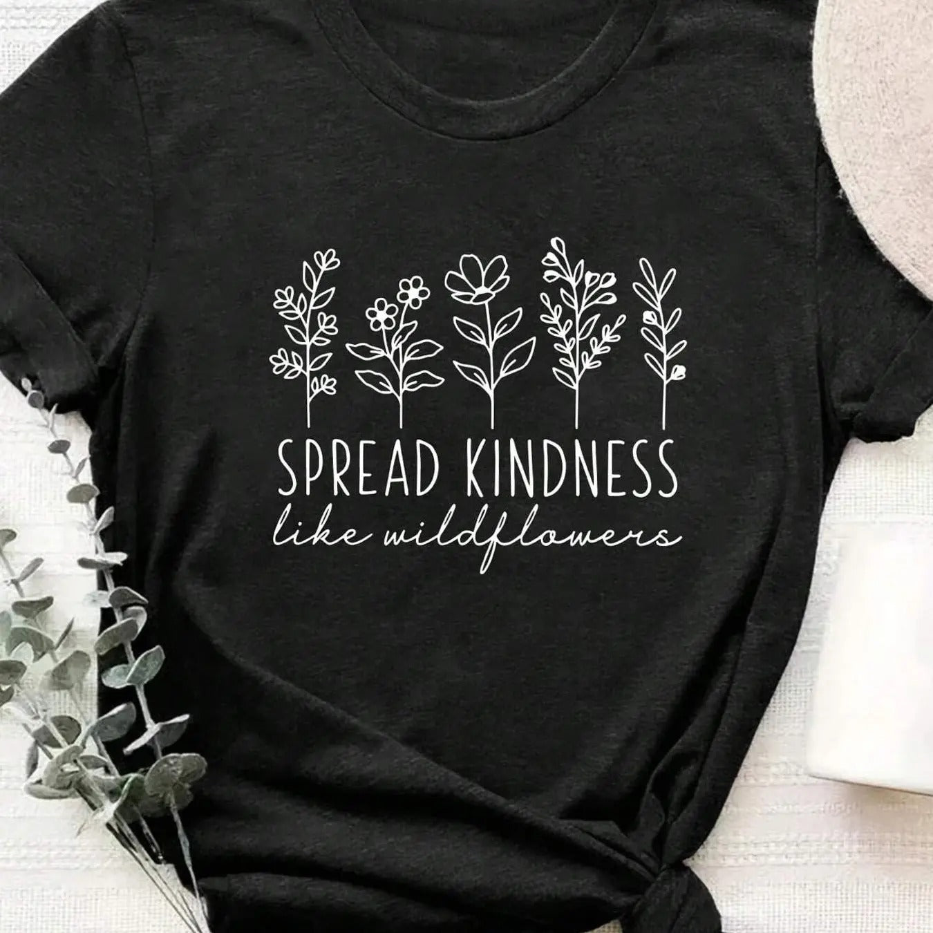 Women's Plants & Letter Print Round Neck Tee, Fashion Casual Short Sleeve T-shirt, Ladies Summer Clothes for Daily Wear