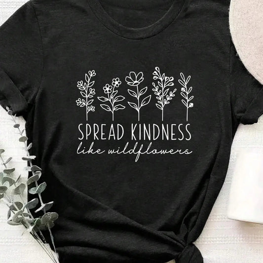 Women's Plants & Letter Print Round Neck Tee, Fashion Casual Short Sleeve T-shirt, Ladies Summer Clothes for Daily Wear