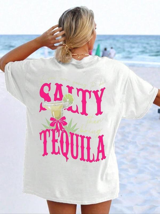 Women's Salt & Tequila & Cactus Print Round Neck Tee, Casual Short Sleeve Crew Neck T-shirt for Summer, Fashion Women's Top for Daily Wear