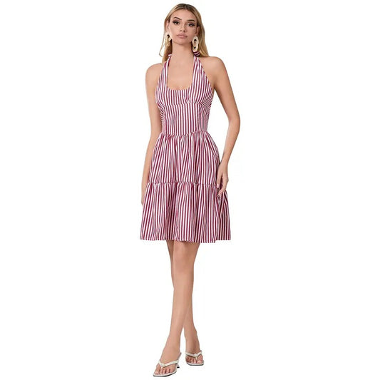 Women's Short Halter Dress Striped Sleeveless Backless A-Line Tiered Ruffle Dress for Party Club Casual Lady