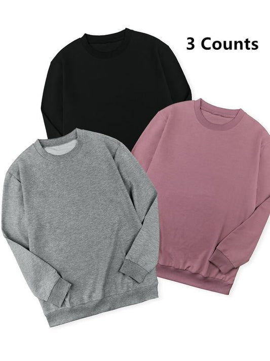 Women's Solid Color Round Neck Pullover, Casual Long Sleeve Crew Neck Sweatshirt for Fall & Winter, Women's Clothing for Daily Wear