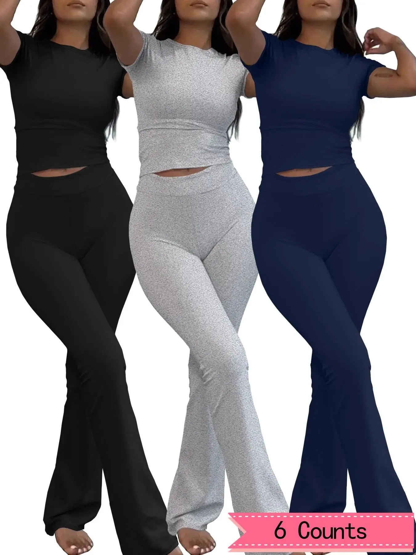 Women's Solid Color Round Neck Tee & Flare Leg Pants Set, Casual Short Sleeve T-shirt & Bell Bottom Trousers for Daily Wear,  2 Piece Sets Women, Ladies Summer Clothes