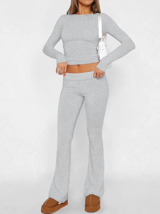 Women's Solid Tee & Flare Leg Pants Two-piece Set, Casual Fashion Cozy Top & Bell Bottom Trousers for Daily Outdoor Wear, Women's Clothing for Fall & Winter