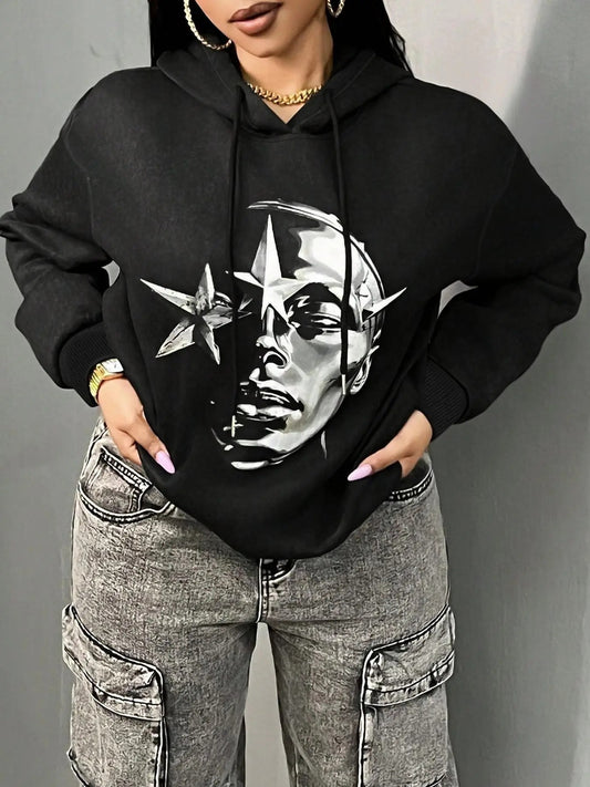 Women's Star & Face Print Drop Shoulder Hoodie, Fashion Casual Drawstring Hooded Sweatshirt for Daily Holiday Wear, Women Clothing for Fall & Winter