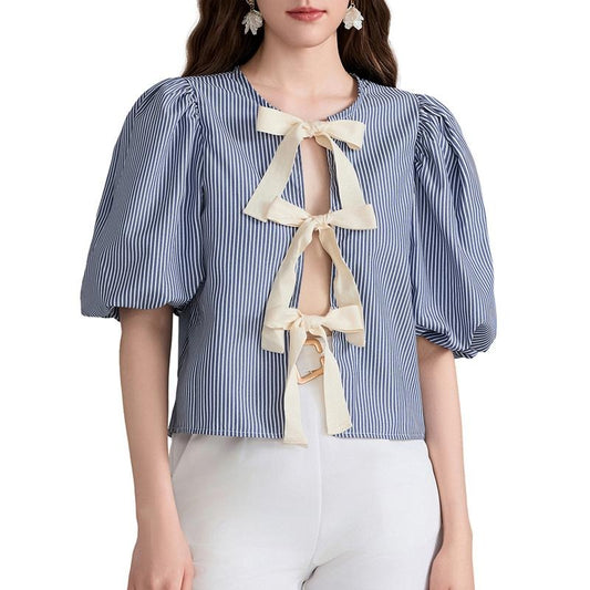 Women's Summer Babydoll Tops Stripe Print Puff Sleeve Round Neck Bow Tie-Up Front Loose Shirt Womenswear Blouse