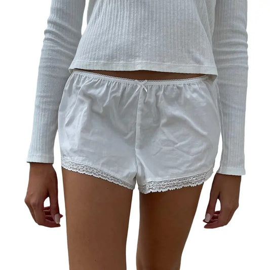 Women's Summer Casual Shorts, Solid Color Elastic Waist Lace Trim Lounge Short Pants Womenswear Bottom