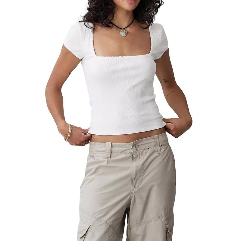 Women's Summer Slim Fit Tops Short Sleeve Lace Trim Collar Square Neck Crop T-shirts Womenswear Check