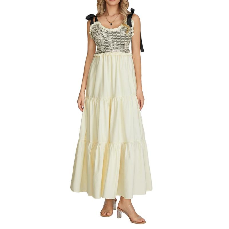 Women's Summer Slip Dress Abstract Print V-Neck Sleeveless Tie-up Slim Long Dress Casual Fashion