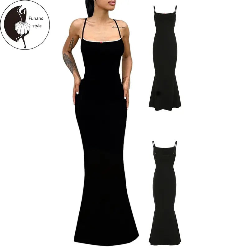 Women's Summer Spaghetti Strap Dresses Small Red Flower Design White Trim SleevelessFit Long Bodycon Dresses