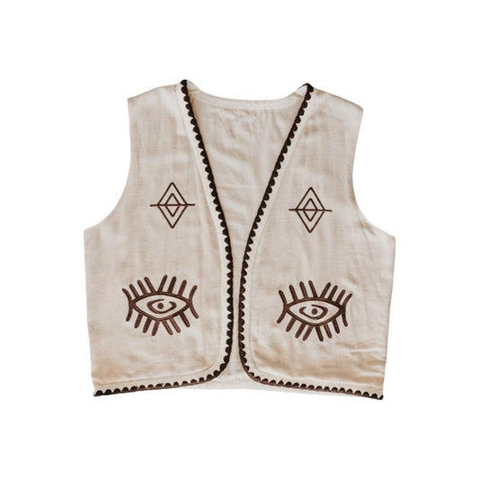 Women's Vest Tops Casual Fashion Embroidery Sleeveless Open Front Boho Cardigan for Party Club Cotton Lady