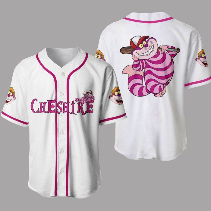 Chesire Cat Alice In Wonderland White Pink Disney Unisex Cartoon Graphics Casual Outfits Custom Baseball Jersey Gifts for Fans - lylyprint.com