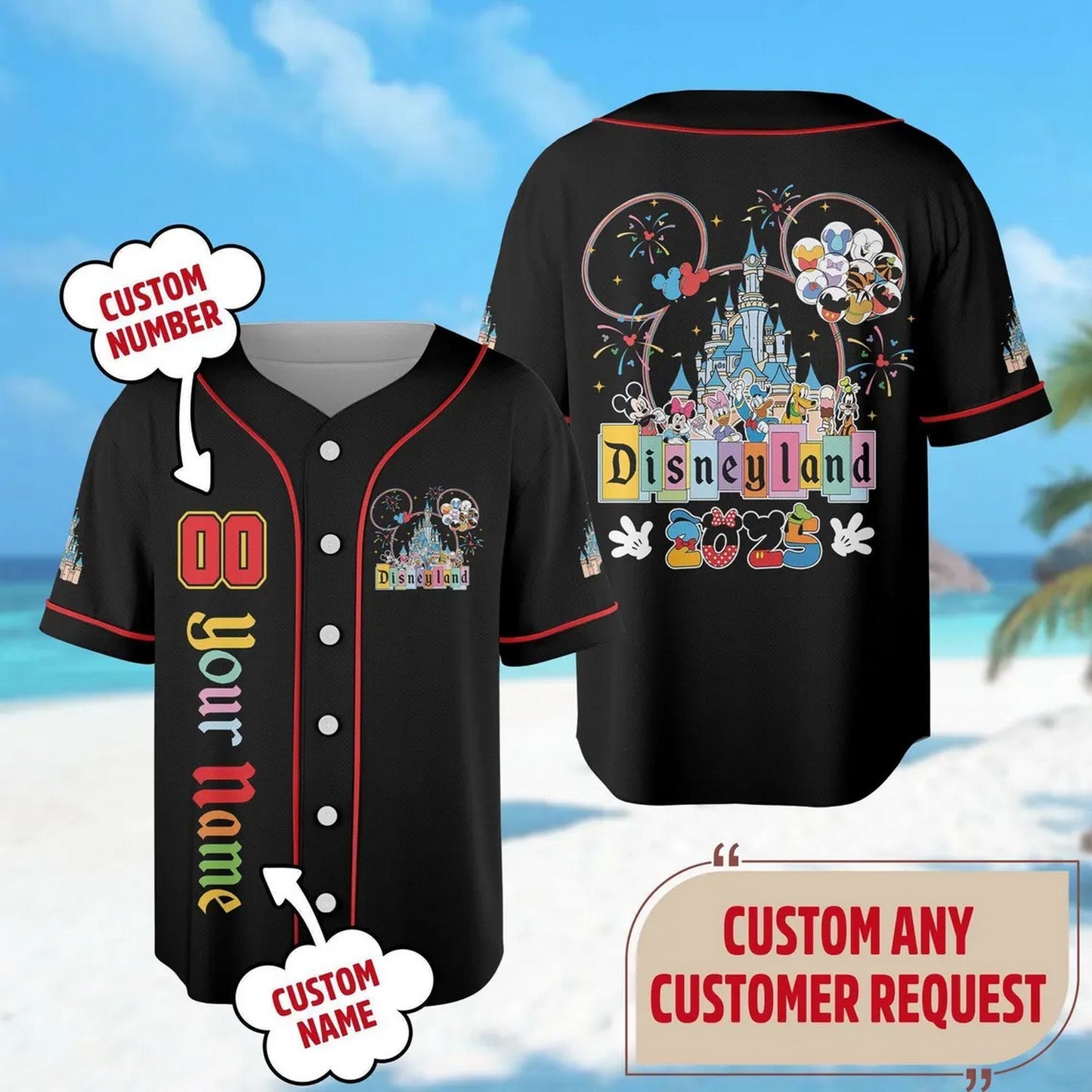 Custom Name And Number Disney Land 2025 Characters Black Baseball Jersey