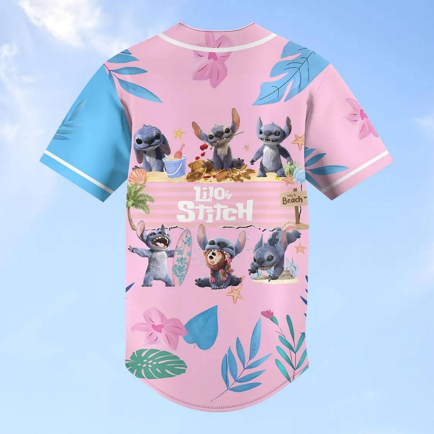 Custom Name And Number Disney Lilo And Stitch 2025 Blue Pink Summer Baseball Jersey