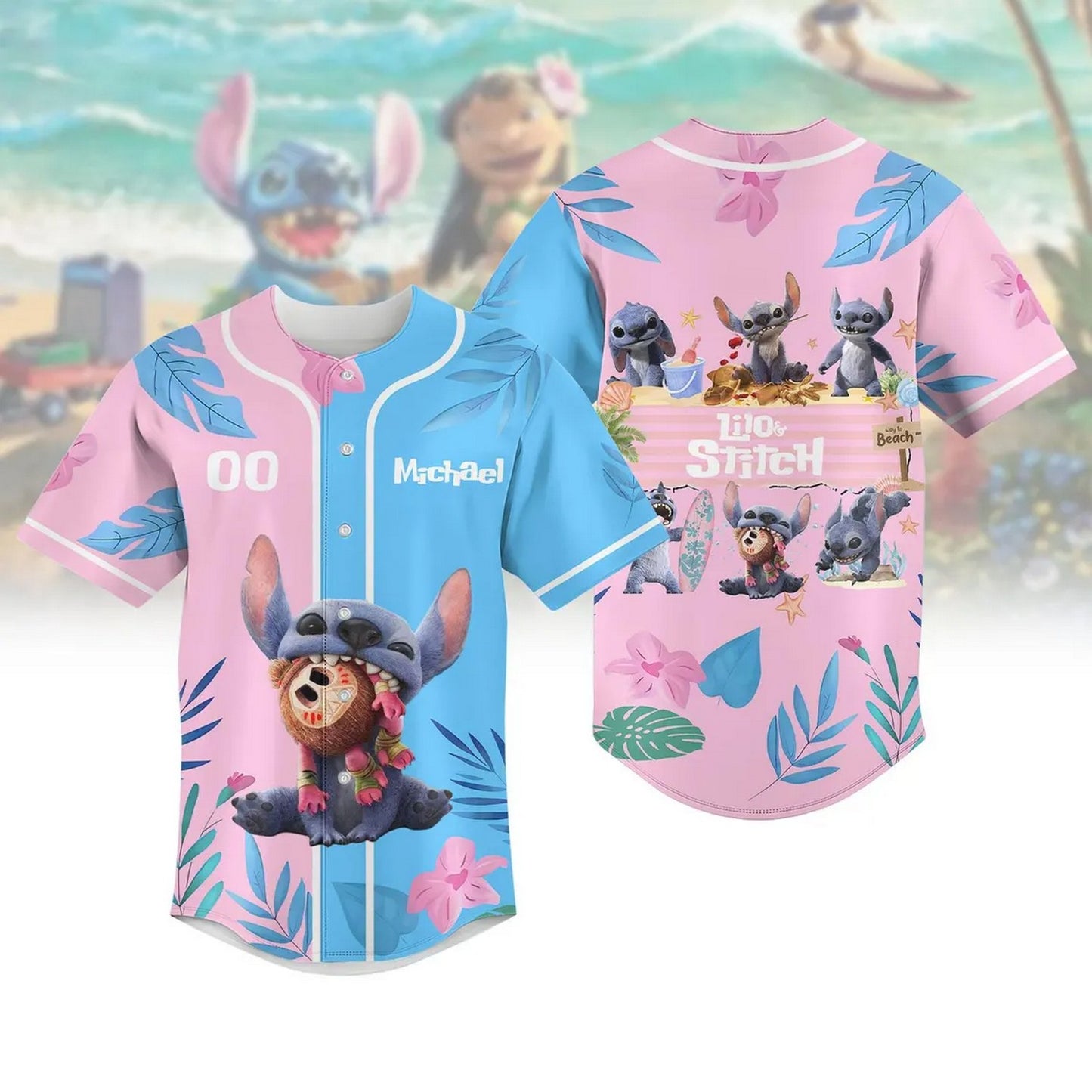 Custom Name And Number Disney Lilo And Stitch 2025 Blue Pink Summer Baseball Jersey