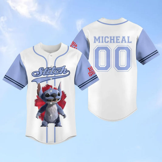 Custom Name And Number Disney Lilo And Stitch 2025 Cute Stitch Simple Purple White Baseball Jersey
