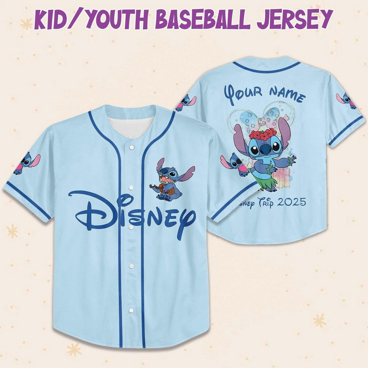 Custom Name Cute Disney Trip 2025 Stitch Light Blue Baseball Jersey